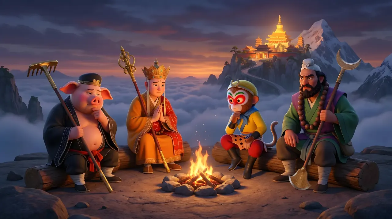 Tang Monk, Wukong, Bajie, and Wujing around a campfire above the clouds at dusk