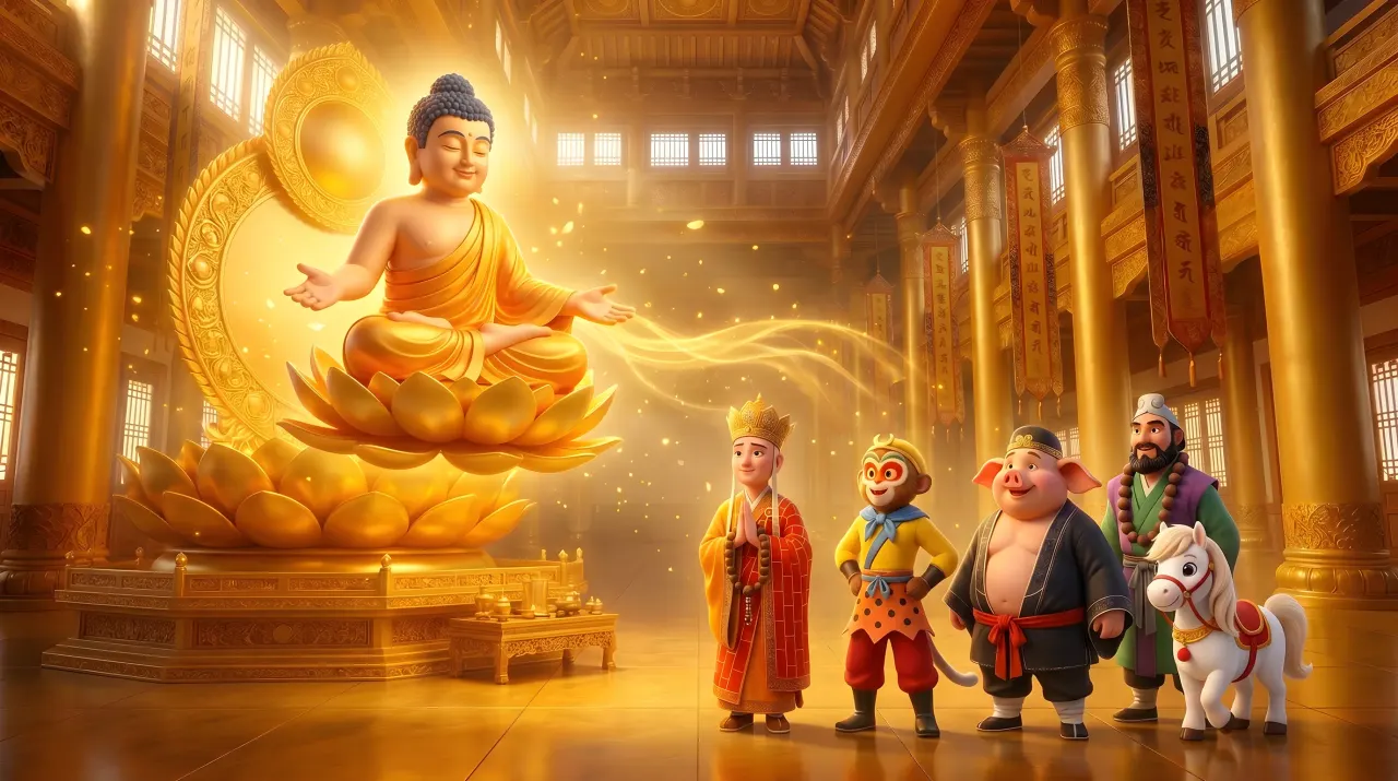 The pilgrims and the white horse stand before a golden Buddha in a glowing hall