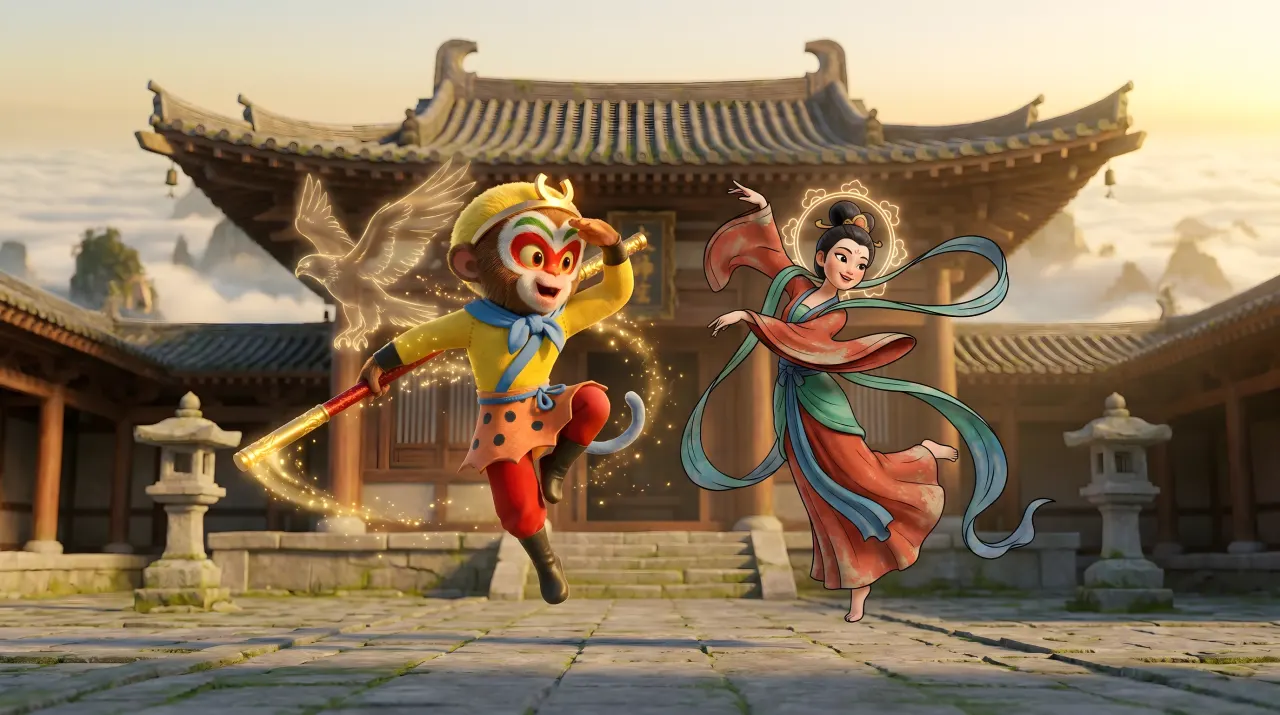 Wukong leaps beside a dancing celestial maiden in a temple courtyard at sunrise