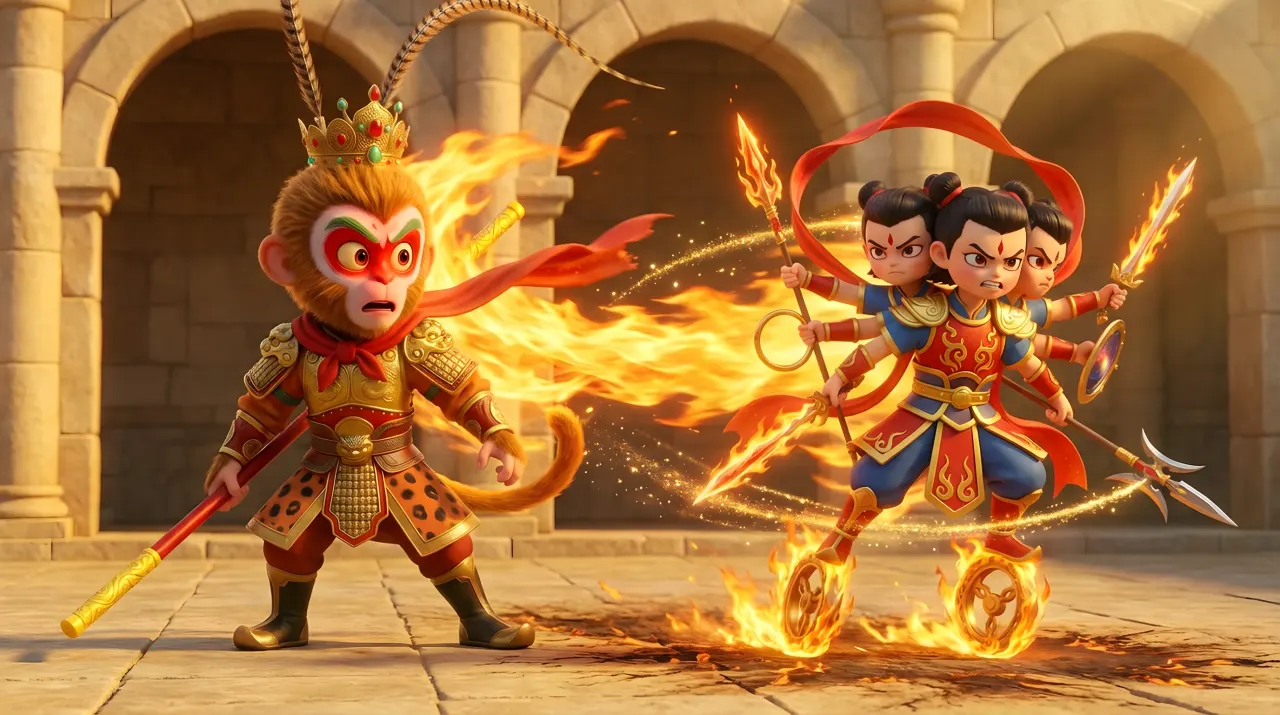Wukong faces three-headed Nezha riding wheels of fire